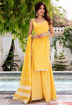 Printed Pure Cotton Pakistani Suit in Yellow