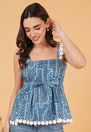 Printed Pure Cotton Peplum Top in Blue