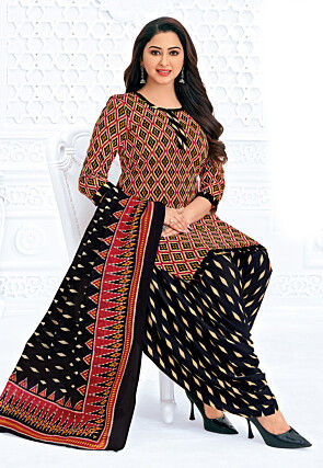 Printed Pure Cotton Punjabi Suit in Black and Maroon