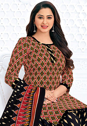 Printed Pure Cotton Punjabi Suit in Black and Maroon