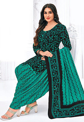 Printed Pure Cotton Punjabi Suit in Black