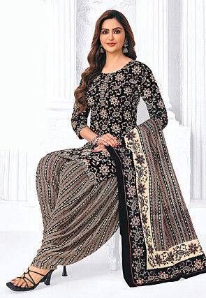 Printed Pure Cotton Punjabi Suit in Black