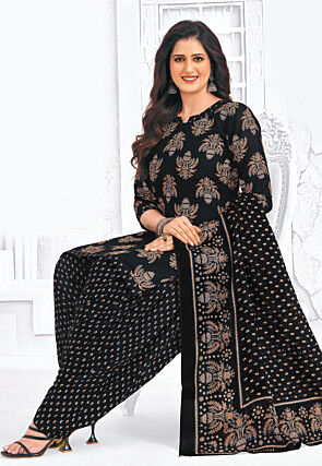 Printed Pure Cotton Punjabi Suit in Black