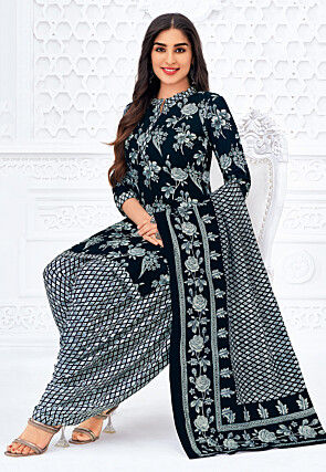 Printed Pure Cotton Punjabi Suit in Black