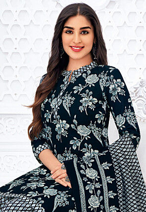 Printed Pure Cotton Punjabi Suit in Black