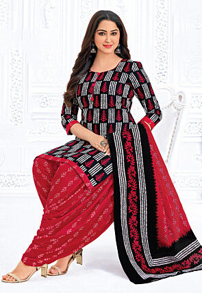Printed Pure Cotton Punjabi Suit in Black