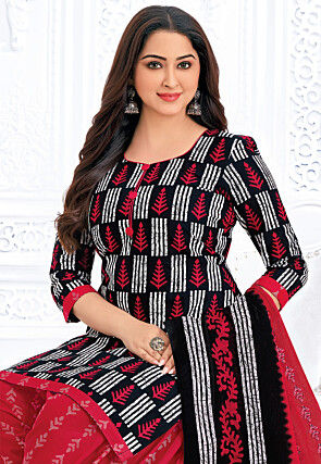 Printed Pure Cotton Punjabi Suit in Black