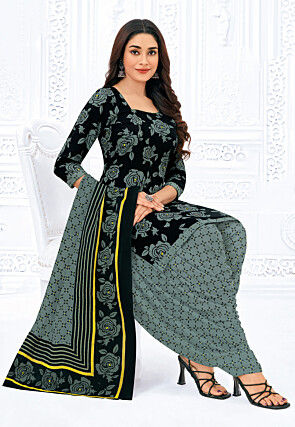 Printed Pure Cotton Punjabi Suit in Black