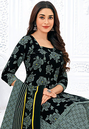 Printed Pure Cotton Punjabi Suit in Black
