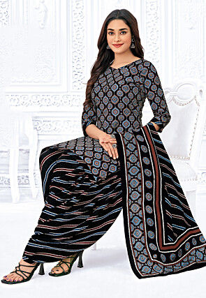 Printed Pure Cotton Punjabi Suit in Black