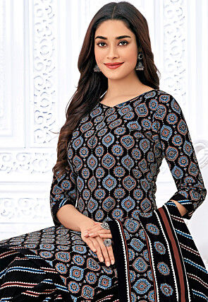 Printed Pure Cotton Punjabi Suit in Black