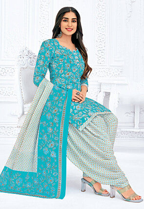 Printed Pure Cotton Punjabi Suit in Blue