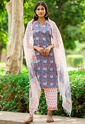 Printed Pure Cotton Punjabi Suit in Blue