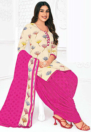 Printed Pure Cotton Punjabi Suit in Cream