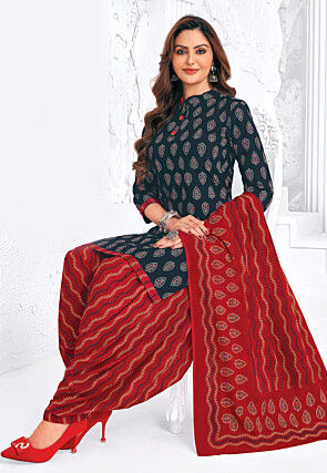 Printed Pure Cotton Punjabi Suit in Dark Blue