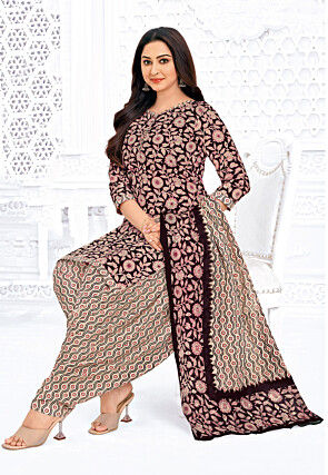 Printed Pure Cotton Punjabi Suit in Dark Brown