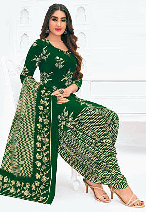 Printed Pure Cotton Punjabi Suit in Dark Green