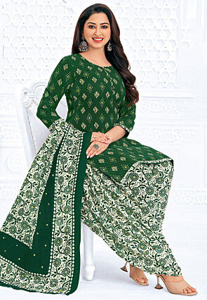 Printed Pure Cotton Punjabi Suit in Dark Green