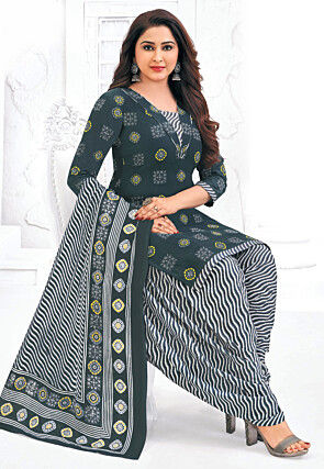 Printed Pure Cotton Punjabi Suit in Dark Grey