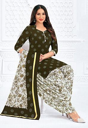 Printed Pure Cotton Punjabi Suit in Dark Olive Green