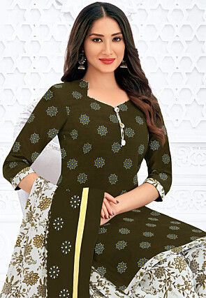 Printed Pure Cotton Punjabi Suit in Dark Olive Green
