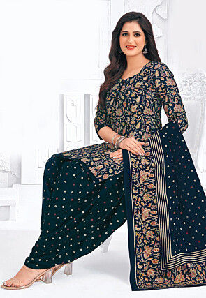 Printed Pure Cotton Punjabi Suit in Dark Teal Blue
