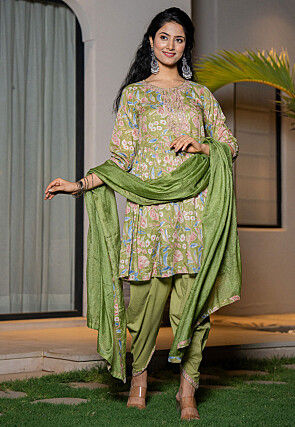 Printed Pure Cotton Punjabi Suit in Dusty Green
