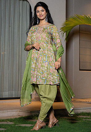 Printed Pure Cotton Punjabi Suit in Dusty Green
