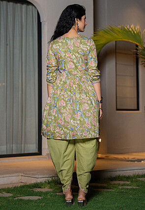 Printed Pure Cotton Punjabi Suit in Dusty Green
