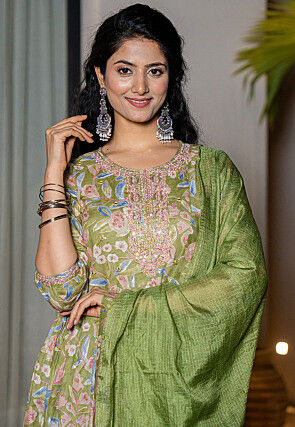 Printed Pure Cotton Punjabi Suit in Dusty Green