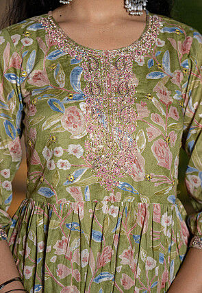 Printed Pure Cotton Punjabi Suit in Dusty Green