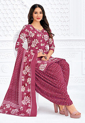 Printed Pure Cotton Punjabi Suit in Dusty Magenta