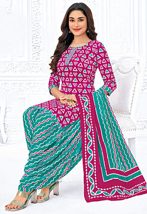 Printed Pure Cotton Punjabi Suit in Fuchsia