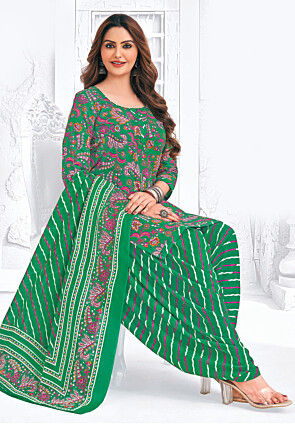 Printed Pure Cotton Punjabi Suit in Green
