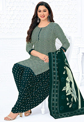 Printed Pure Cotton Punjabi Suit in Green