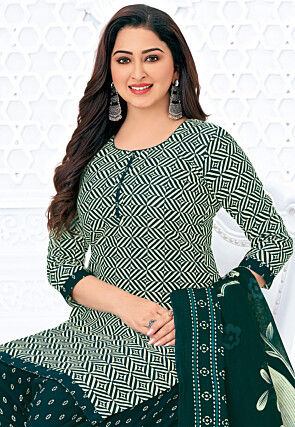 Printed Pure Cotton Punjabi Suit in Green