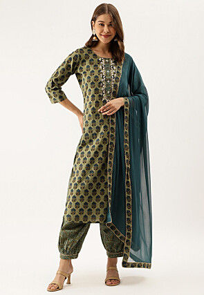 Printed Pure Cotton Punjabi Suit in Green