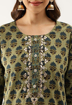 Printed Pure Cotton Punjabi Suit in Green