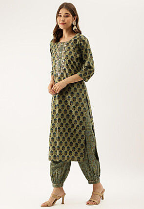Printed Pure Cotton Punjabi Suit in Green