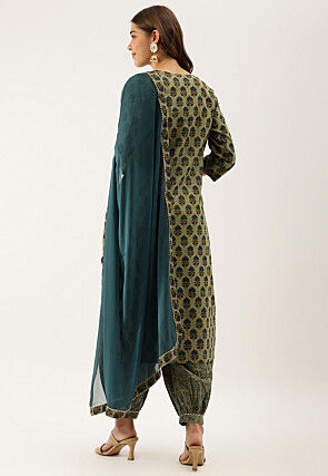 Printed Pure Cotton Punjabi Suit in Green