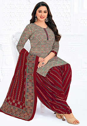 Printed Pure Cotton Punjabi Suit in Grey