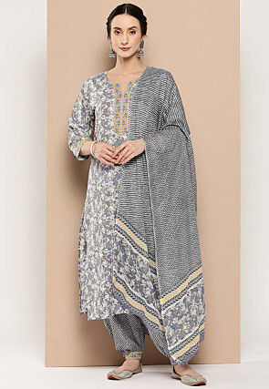 Printed Pure Cotton Punjabi Suit in Grey
