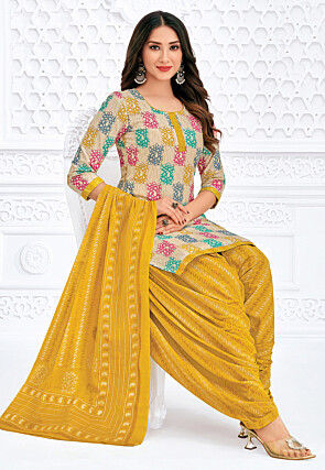 Printed Pure Cotton Punjabi Suit in Light Beige