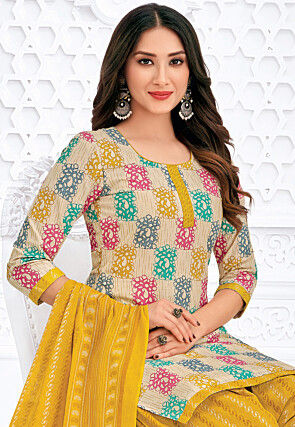 Printed Pure Cotton Punjabi Suit in Light Beige