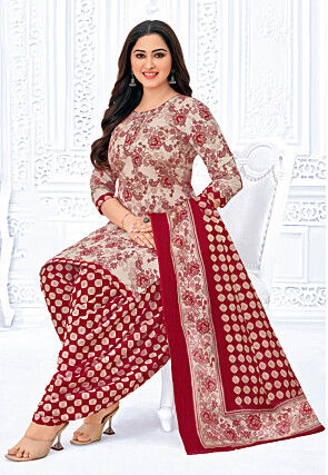 Printed Pure Cotton Punjabi Suit in Light Beige