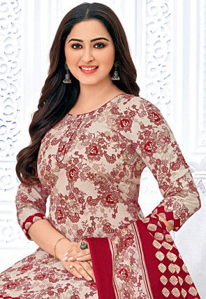 Printed Pure Cotton Punjabi Suit in Light Beige