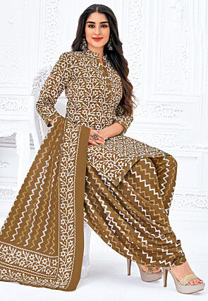 Printed Pure Cotton Punjabi Suit in Light Brown
