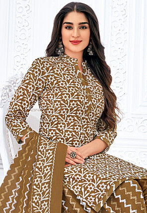 Printed Pure Cotton Punjabi Suit in Light Brown