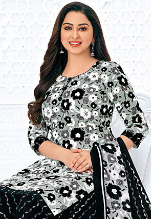 Printed Pure Cotton Punjabi Suit in Light Green