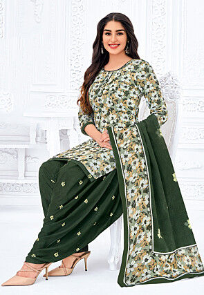 Printed Pure Cotton Punjabi Suit in Light Green